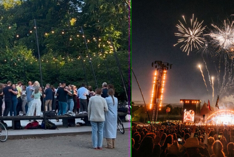 Mennesker danser i en park og en stor koncertscene med fyrværkeri om aftenen.