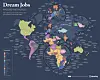 Verdenskortinfografik fra Remitly med farvekodede drømmejob i hvert land