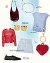 Collage af farverigt tøj, accessories og sko arrangeret på lys baggrund.