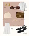 Modecollage med hvidt tøj, brune accessories, sorte sandaler og guldsmykker på beige baggrund.