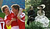 Delt billede med fodboldspillere i jubel samt to personer i historiske kostumer i grønne omgivelser.