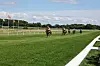 Galopheste med ryttere rider på grøn græsbane med hvide hegn og flag i baggrunden.