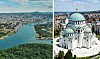Luftfotos af Beograd med flod og Sankt Sava-katedralen i bymidten