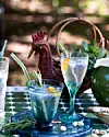 To glas med iskolde drinks, citrus og rosmarin på et mønstret havebord udendørs
