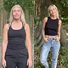 To sideordnede fotos af kvinde i sort top i skov, med skift mellem bukser og jeans.