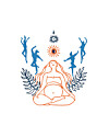 Gravid kvinde sidder i meditation omgivet af dansere, blade og solsymboler.