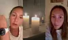 Kollage med ung kvinde og et tændt stearinlys i et badeværelse.