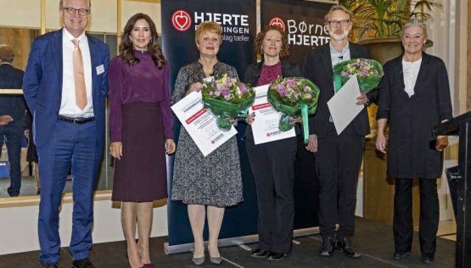 Kronprinsesse Mary med legatmodtagerne professor ved Syddansk Universitet, Susanne Schmidt Pedersen, professor og hjerteforsker ved Herlev Hospital, Kasper Iversen, samt seniorforsker ved Steno Diabetes Center Copenhagen, Charlotte Demant Klinker. (Foto: Klaus Bo Christensen)